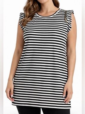Michael Kors Black and White Striped Crewneck Top